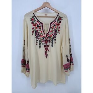 Reba Embroidered Boho Blouse Womens XL Cream Floral Long Sleeve Split Tie Neck
